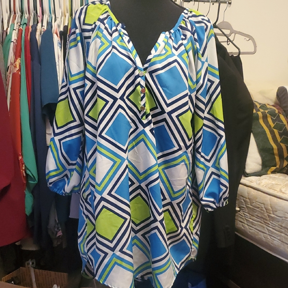Mud Pie Blue and Green Geometric Blouse